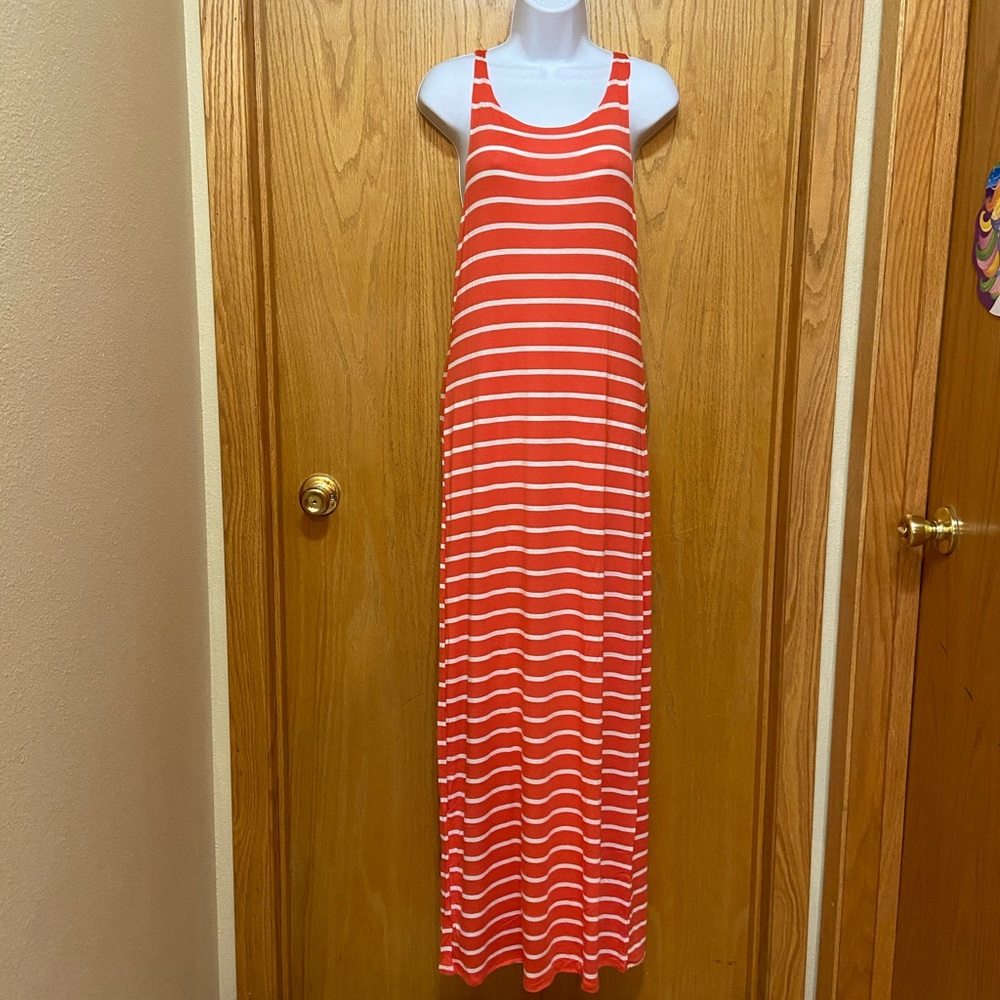 Coral & White striped maxi dress